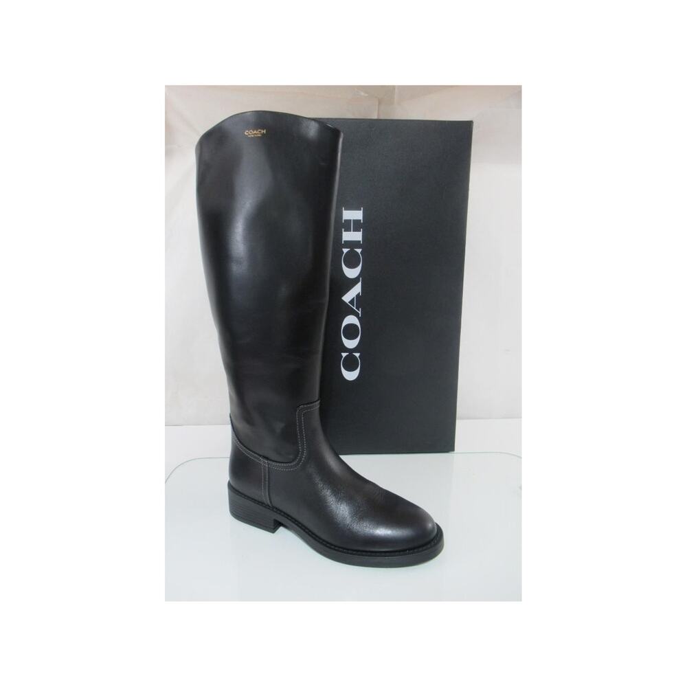 New COACH Park Leather Tall Riding Boot Knee High Block Heel Black Size 7.5